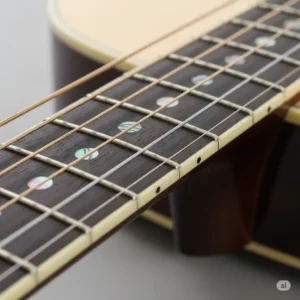 the sleek fingerboard of a Jasmine acoustic guitar, highlighting its fret markers and polished fretwork.