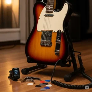 A glarry electric guitar placed on a stand, surrounded by essential accessories.