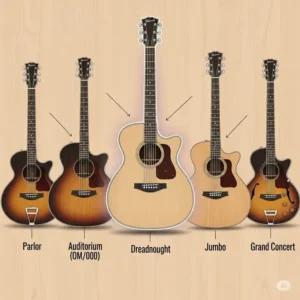 An illustration comparing various acoustic guitar body shapes, with a focus on the large dreadnought acoustic guitar.