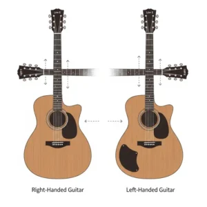 A clear diagram illustrating the key differences between a left-handed and a right-handed acoustic guitar, including string order, saddle orientation, and pickguard placement.
