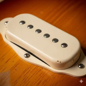 A detailed view of a dog-ear P-90 pickup, the signature single-coil pickup used on a Les Paul Jr guitar.