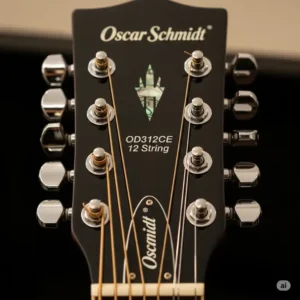 Close-up of a 12-string acoustic oscar schmidt guitar headstock.
