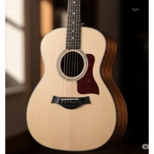 The distinctive dreadnought body shape of the Taylor 110e guitar, showcasing its full-sized design for a rich, bold sound.