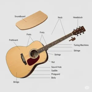 An annotated diagram showing the parts of a dreadnought acoustic guitar, including the soundboard, neck, headstock, and bridge.
