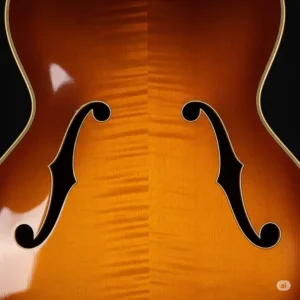 A detailed shot focusing on the "f-holes" of an archtop acoustic guitar, highlighting their violin-like shape and contribution to the instrument's sound.