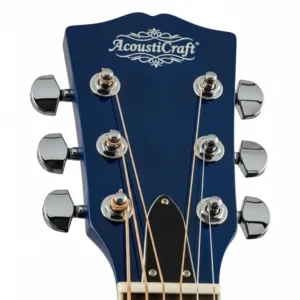 Detailed view of the headstock of a blue acoustic guitar, showing the chrome tuning pegs and the brand logo. The image emphasizes the craftsmanship and quality of the instrument.