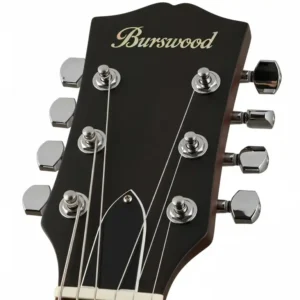 A detailed image of the burswood guitar headstock with its tuning pegs and brand logo.