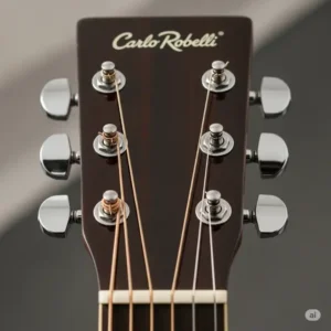 A person's hands strumming the strings of a carlo robelli acoustic guitar.