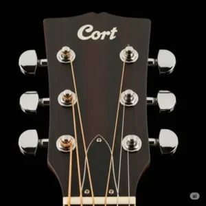 A detailed photo of a cort acoustic guitar's headstock, featuring the brand logo and tuning machines.