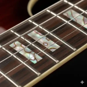 Detailed view of the pearl block inlays on the fretboard of a Dean Cadillac guitar.