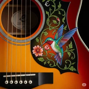 The custom "Hummingbird" pickguard with its intricate artwork, a hallmark of the epiphone hummingbird pro acoustic electric guitar.