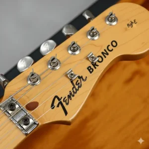 A detailed view of the iconic Fender Bronco guitar headstock, featuring the "Fender Bronco" logo and vintage-style tuning machines.