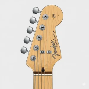 A detailed illustration of the iconic Fender Stratocaster headstock, part of the Fender Stratocaster guitar neck, with its six tuning pegs and "spaghetti" logo.