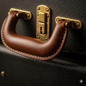A detailed shot of the sturdy handle and latches on a classic Gibson Les Paul case.