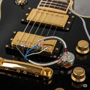 Detailed shot of the body of an lp custom guitar, focusing on the humbucker pickups and their intricate wiring.

