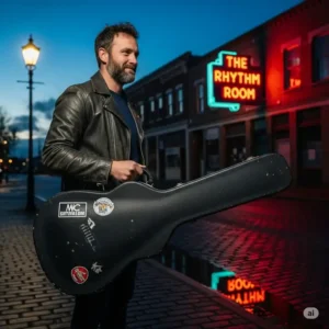A musician holds a black hardshell case by its handle, with his acoustic guitar safely packed inside, ready to head to his next gig.