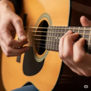 A musician's hands strumming the strings of an affordable $300 wooden guitar.