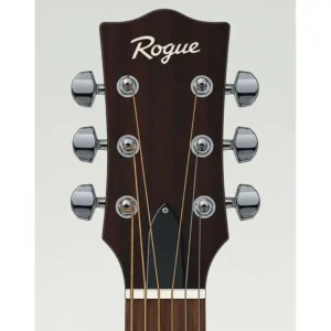 An illustration of a rogue acoustic guitar headstock, featuring the brand's logo and tuning pegs.