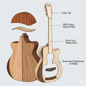 An illustration showing the different types of wood used in a Seagull acoustic guitar, such as a cedar top and wild cherry back and sides.