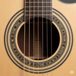 Detailed view of the soundhole and decorative rosette on the $300 wooden guitar.