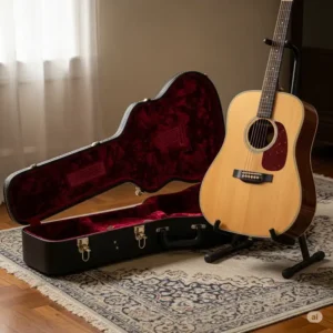 A classic acoustic guitar rests on a stand next to its open hardshell case, which is lined with a soft, protective fabric.