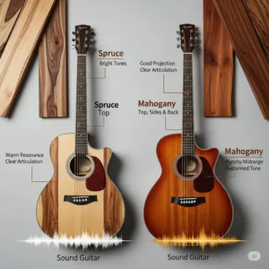 An image highlighting the different types of wood used in a best budget acoustic guitar, such as spruce and mahogany, and their effect on sound.