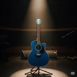 A blue acoustic guitar propped up on a stand on a dimly lit stage, with a spotlight shining on it. The image evokes a feeling of anticipation before a live performance.