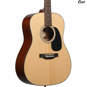 A full-body view of a cort dreadnought acoustic guitar, showing its classic shape and deep body, ideal for strumming.