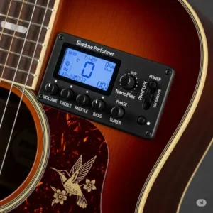 The Shadow Performer preamp and NanoFlex pickup controls on the side of the epiphone hummingbird pro acoustic electric guitar.