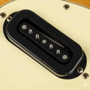 A close-up of the unique single-coil pickup on a Fender Bronco guitar, designed to produce a bright, twangy sound.