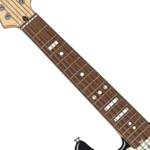An illustration highlighting the classic dot and block inlays on a Fender Stratocaster guitar neck, showing their placement on the fretboard.