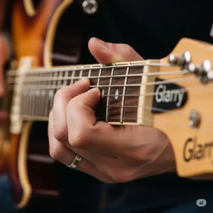 A close-up of a hand playing chords on the fretboard of a glarry electric guitar.