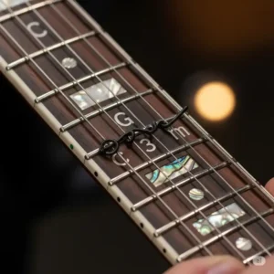A visual guide of a left-handed acoustic guitar fretboard, showing finger positions for common beginner chords, such as G, C, and D. This is a helpful reference for a new player.
