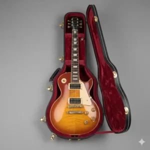 An overhead view of a Gibson Les Paul electric guitar resting perfectly in its case, ready for transport.