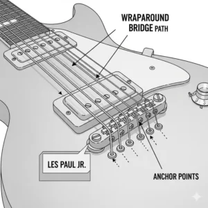 A diagram of a wraparound bridge, demonstrating how the strings pass over the bridge and anchor on a Les Paul Jr guitar.
