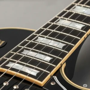 A clear view of the fretboard of an lp custom guitar, with its distinct block inlays and smooth binding.