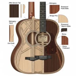 An illustration showing the construction of a Martin parlor guitar, including the bracing patterns and wood selection.