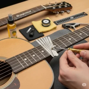 A detailed illustration of an Orangewood guitar being set up, with a focus on the fretboard and bridge adjustments.