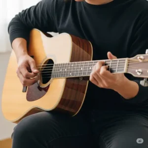A guitarist strumming a dreadnought acoustic guitar, illustrating the comfortable playing position and large body size.