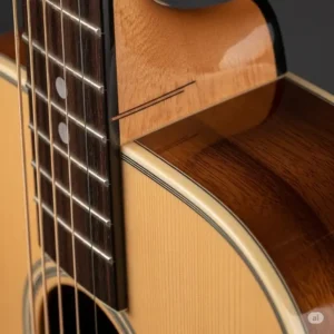 A detailed view of the integrated set neck joint on a Seagull acoustic guitar, highlighting its unique construction for improved stability and tone.
