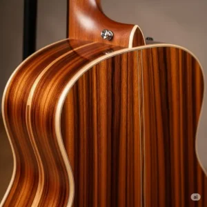 The layered sapele wood on the back and sides of the Taylor 110e guitar, providing durability and a warm aesthetic.