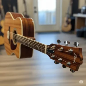 A full-body shot of the $300 wooden guitar, showing its rich, natural wood grain.