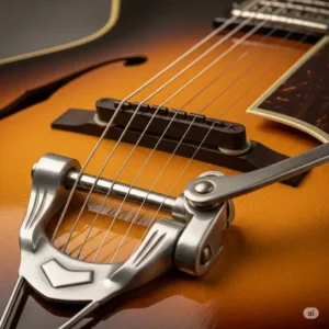  close-up view of the floating bridge and tailpiece on an archtop acoustic guitar, showing how they connect and support the strings.