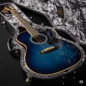 A beautiful blue acoustic guitar nestled inside a plush, custom-fitted hard case. The image highlights the importance of protecting the instrument.