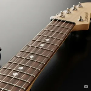 The neck of a burswood guitar, showing the fretboard and fret markers.