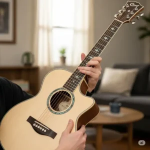 An image of a cort concert acoustic guitar, highlighting its smaller, more comfortable body size, perfect for fingerstyle players.