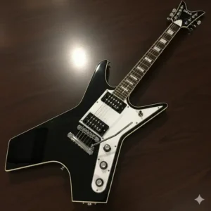 An overhead shot emphasizing the elegant, asymmetrical body shape of a Dean Cadillac guitar.