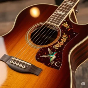 The solid spruce top and mahogany body construction of the epiphone hummingbird pro acoustic electric guitar, known for its rich, balanced tone.