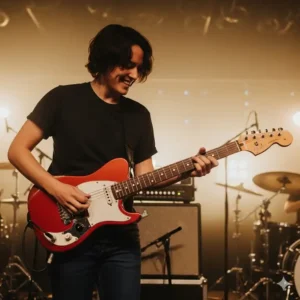 A person playing a Fender Bronco guitar on stage, demonstrating its comfortable playability and compact size.
