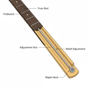 A diagram illustrating the function and adjustment point of the truss rod inside a Fender Stratocaster guitar neck.